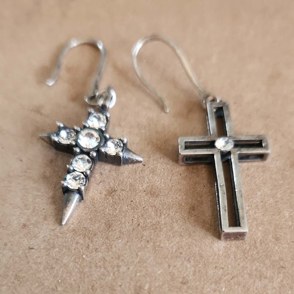 Yves Saint Laurent Asymetrical Oxidized Silver Tone Cross Drop Earrings - Picture 6 of 9